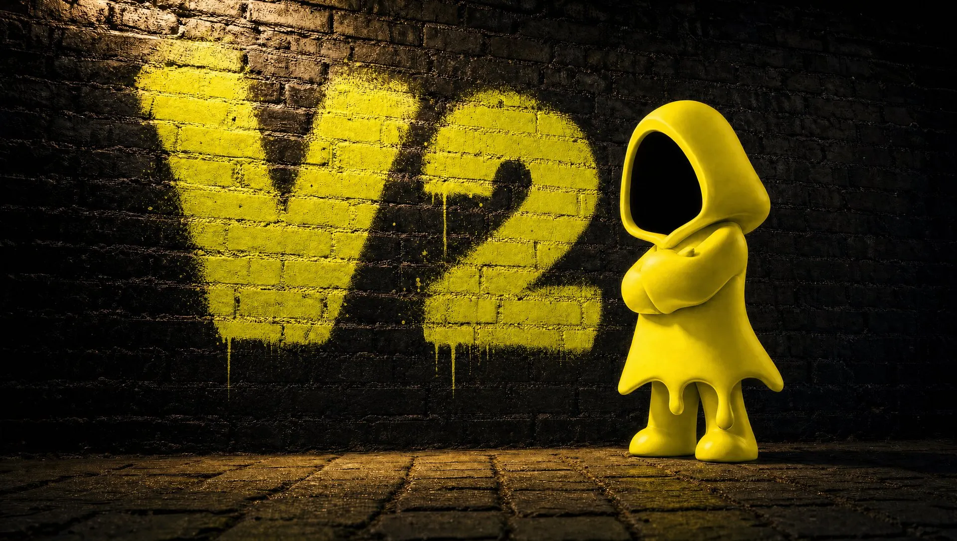 Yellow hooded figure standing beside V2 graffiti sprayed on a black brick wall