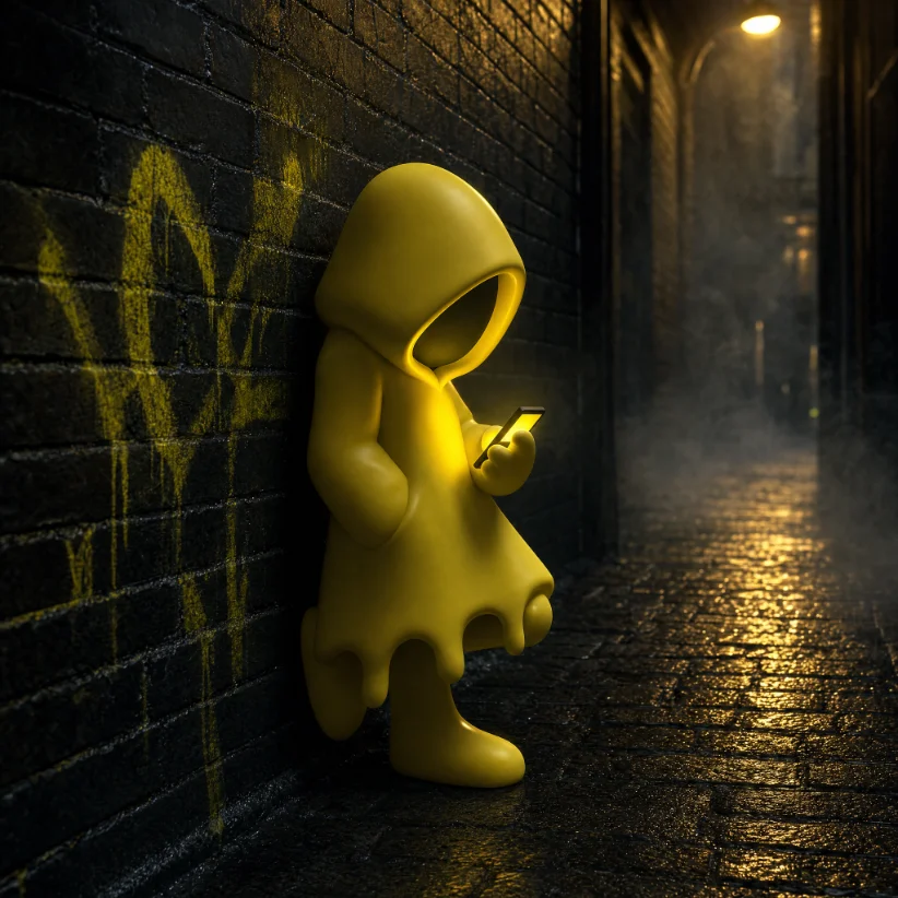 Mascot leaning on a graffiti wall in a wet alley, looking at a phone