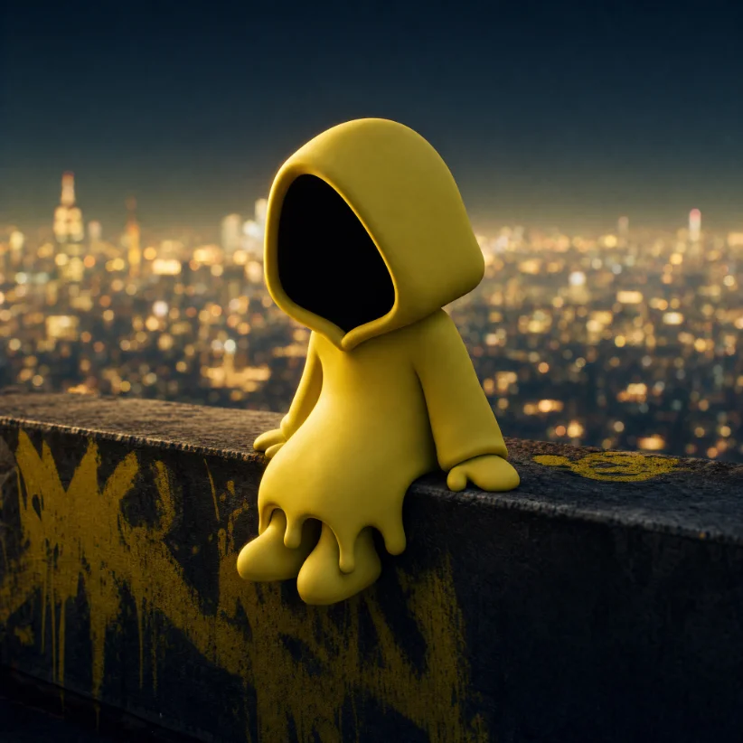 Mascot sitting on a rooftop ledge above a city skyline at night