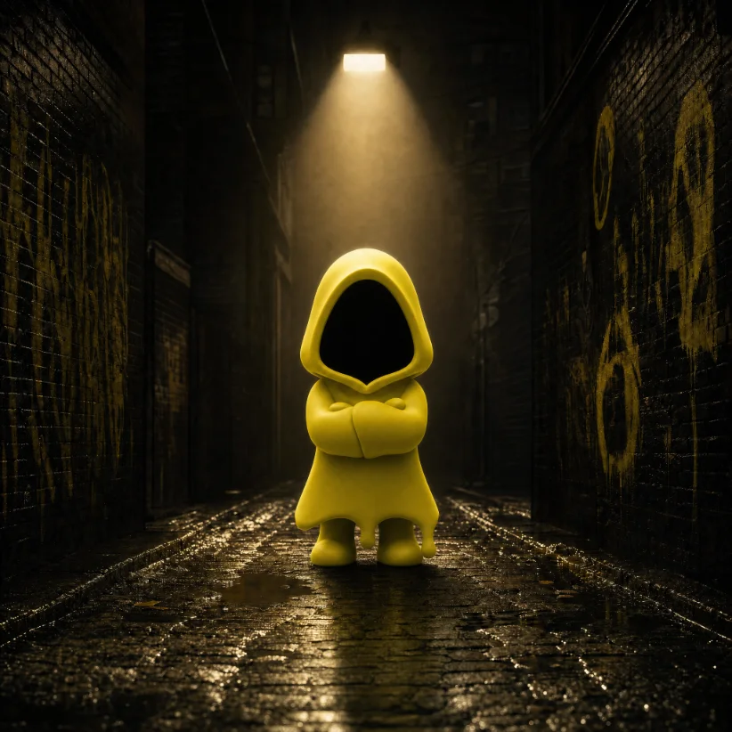 Mascot standing centred in a lit alley, arms folded