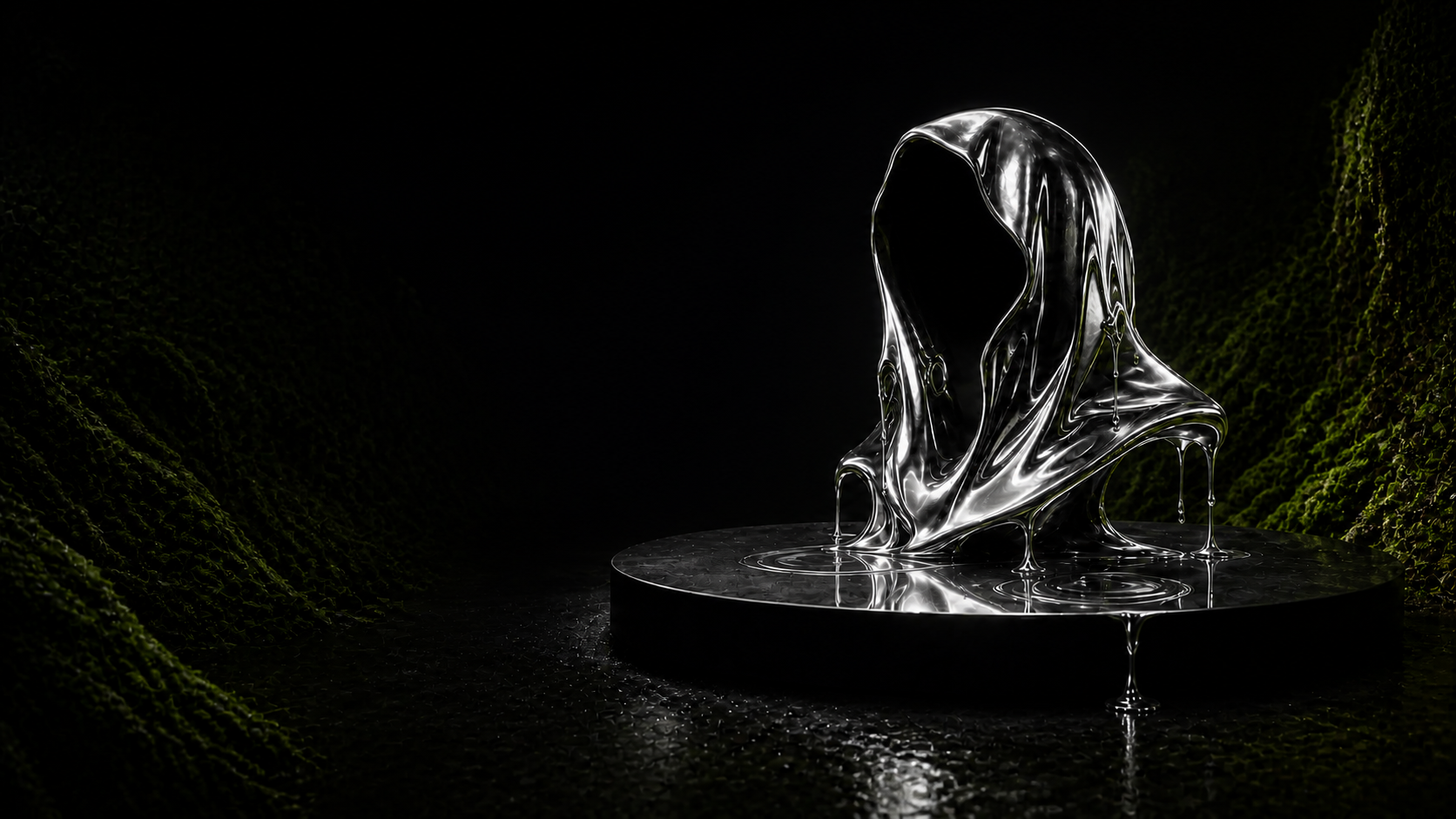 Liquid chrome hood sculpture in a dark forest